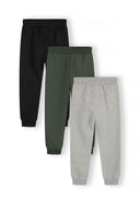 Set of three boys joggers in black, green, and grey with ribbed cuffs and drawcord.