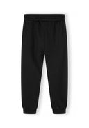 Boys black joggers with ribbed cuffs and drawcord, back view.