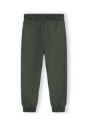 Boys joggers in dark green with ribbed cuffs and drawcord, front view.
