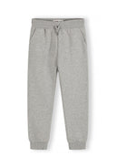 Boys joggers in grey with ribbed cuffs and adjustable drawcord, front view.