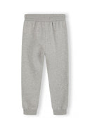 Boys joggers in grey with ribbed cuffs and waistband, front view.