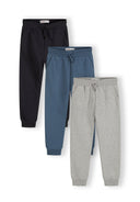 Three pairs of boys joggers in navy tones with ribbed cuffs and drawcord.