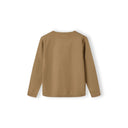 Boys beige fine knit v-neck cardigan, soft viscose blend, long sleeves, back view.