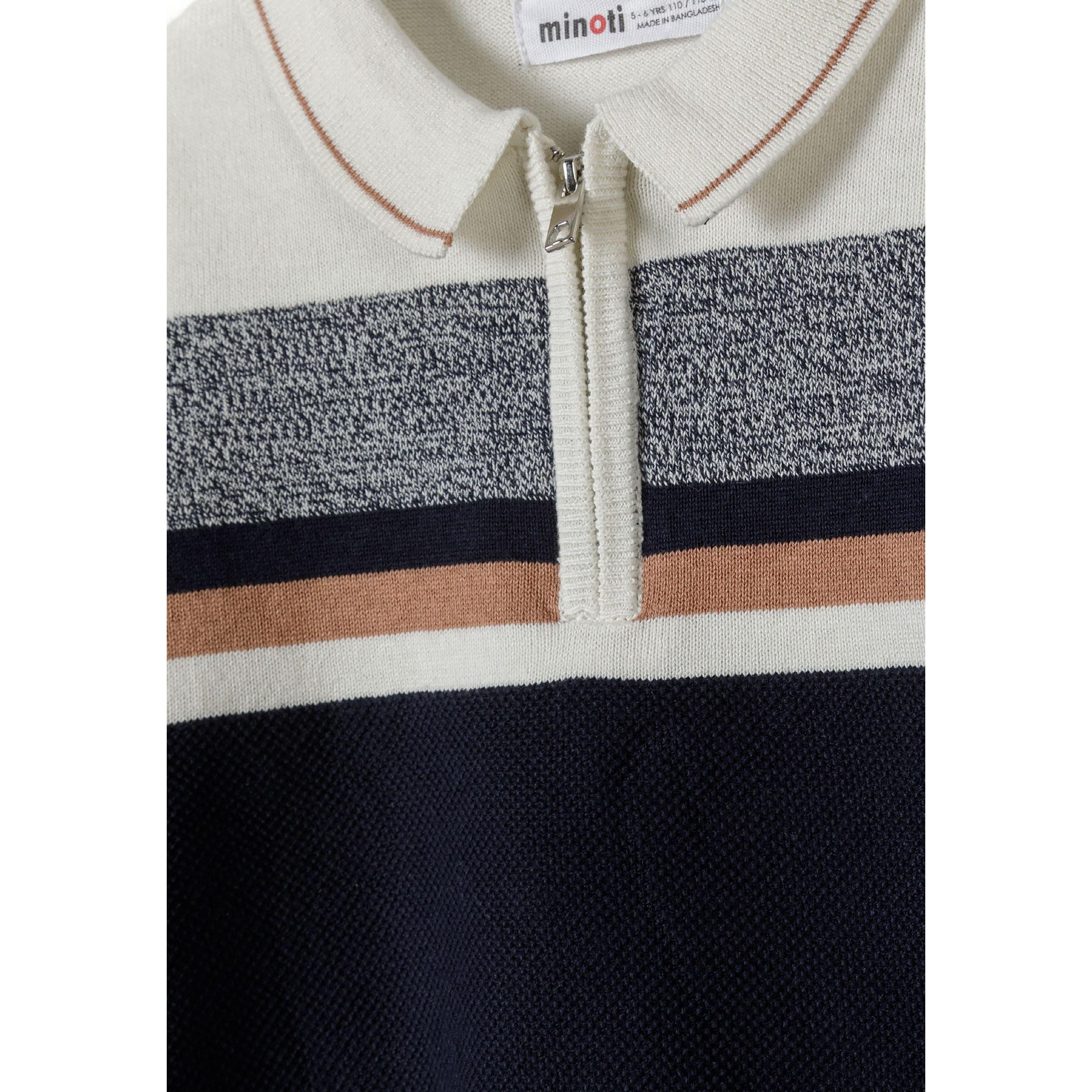 Close-up detail of quarter zip opening and polo collar showing Minoti label and striped pattern construction on cream and navy jumper