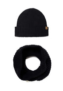 Black knitted beanie and snood set for boys, front view, ribbed design.