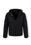 Boys black quilted jacket, front view, with hood and zip pockets.
