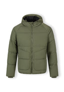 Boys quilted jacket in khaki, front view with adjustable hood and zip pockets.