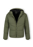 Boys quilted jacket in khaki, front view with adjustable hood and zippered pockets.