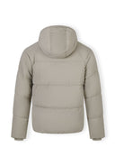 Boys quilted jacket in grey, back view with hood and elasticated cuffs.