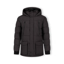 Men's long grey jacket with fleece lining, fixed hood, waterproof zip pockets, and elasticated cuffs.