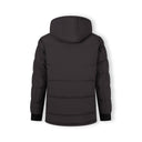 Back view of a men's grey long jacket with fixed hood, fleece lining, and elasticated cuffs.