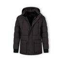 Men's grey long jacket with fleece lining, fixed hood, waterproof zip chest pockets, and flap pockets.