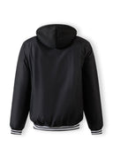 Men's black baseball style jacket, back view with detachable hood and ribbed cuffs.
