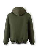 Men's khaki baseball jacket with detachable hood, back view, featuring ribbed cuffs and waistband.