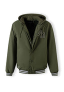 Men's khaki baseball jacket with detachable hood, ribbed cuffs, and embroidered logo.