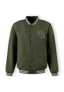 Men's khaki baseball jacket with ribbed cuffs and waistband, front view.