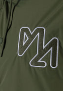 Detail of khaki men's baseball jacket with embroidered logo.