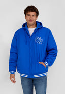 Men's cobalt blue baseball jacket with detachable hood, ribbed cuffs, and chest embroidery.