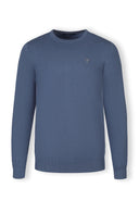 Men's blue fine knit jumper with ribbed trims and chest embroidery, front view.