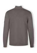 Men's half zip jumper in grey, back view with ribbed cuffs.