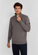 Men's half zip jumper in grey with ribbed cuffs, front view.