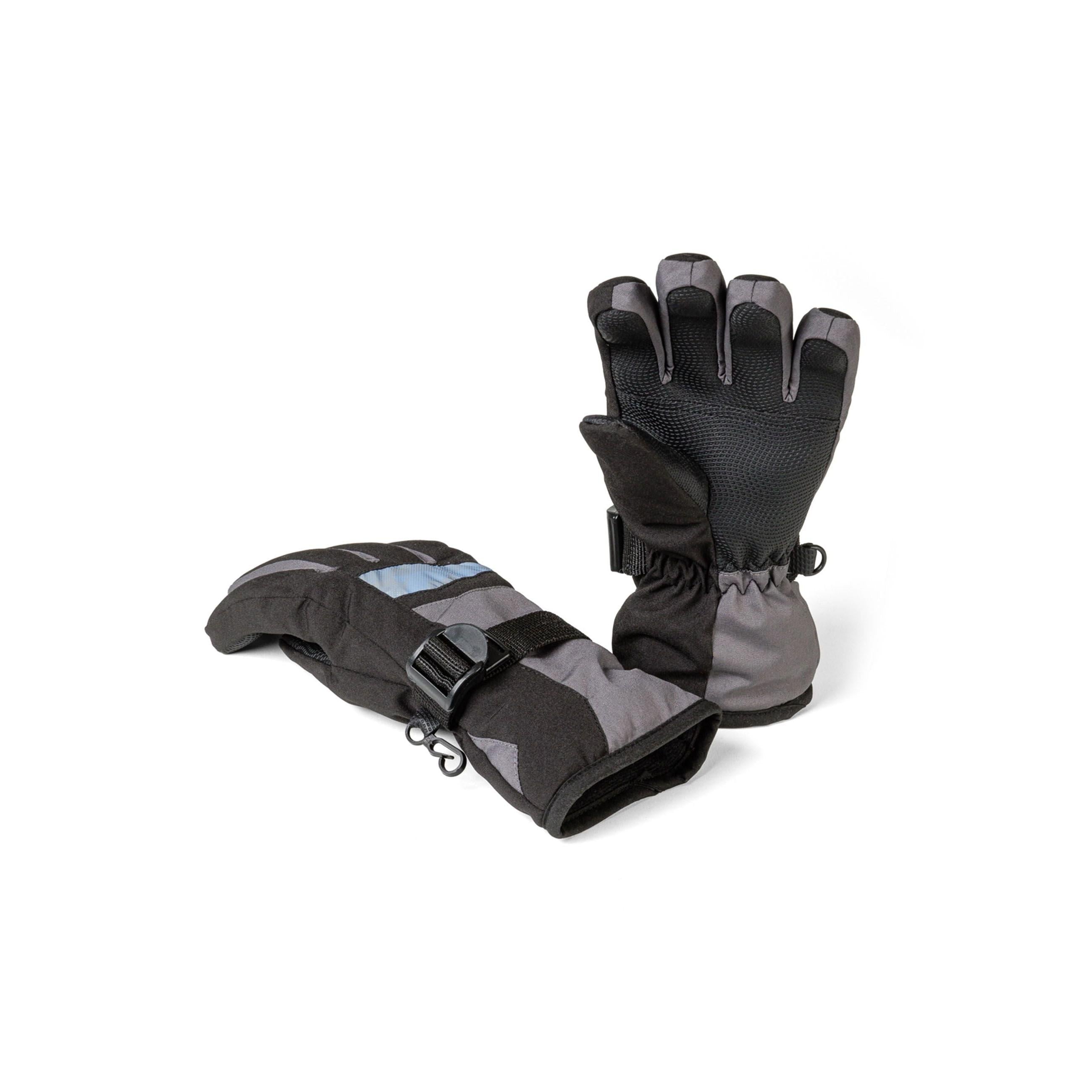 Close-up view of grey ski gloves showing textured grip pattern on palms and reflective panel details against white background