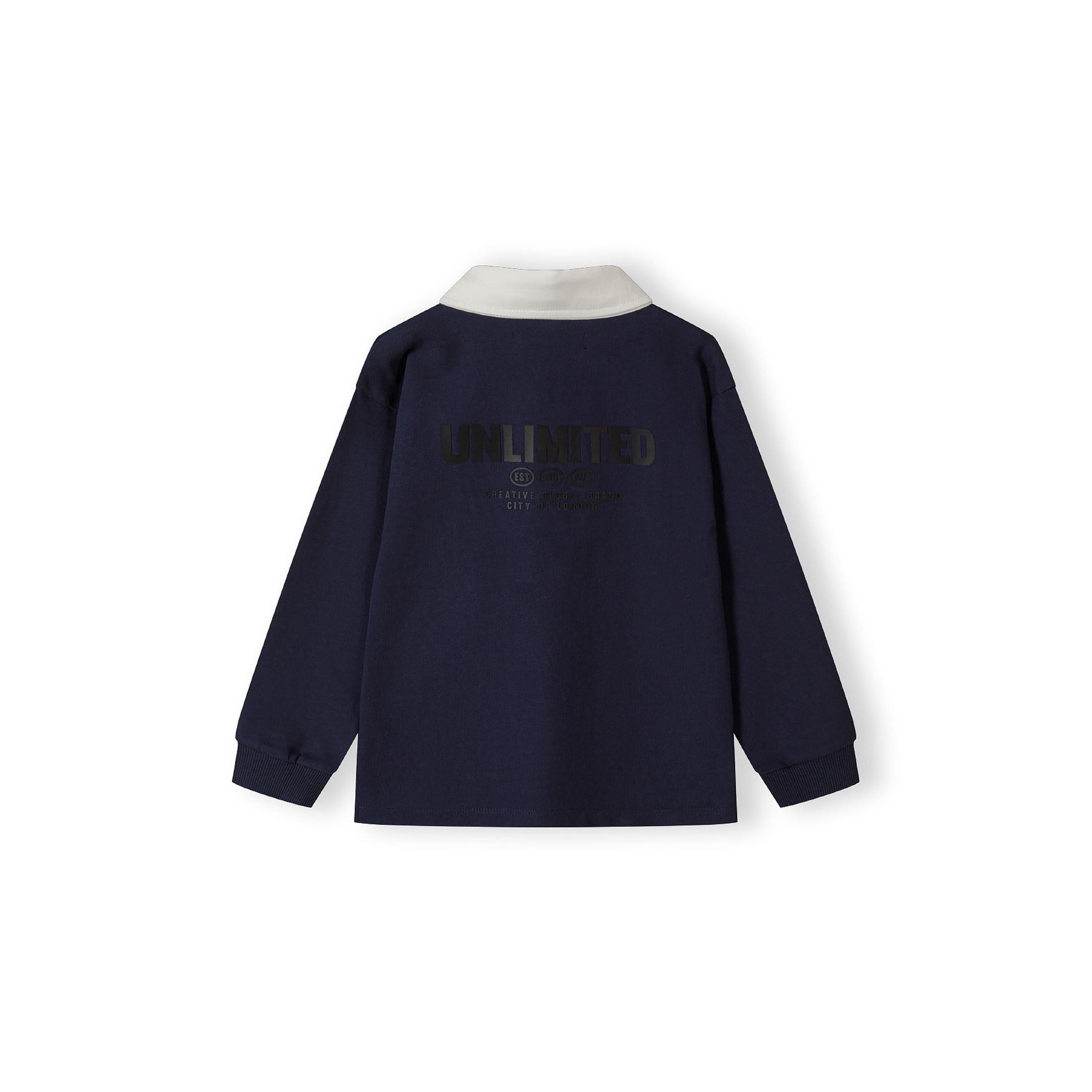 Back view of navy long sleeve polo shirt showing 'UNLIMITED EST 07' print on white background
