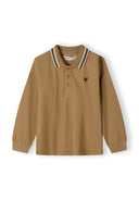 Boys long sleeve polo in beige with woven collar and button placket, featuring an embroidered logo.