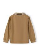 Back view of a boys long sleeve polo in beige with a woven collar and ribbed cuffs.