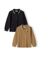 Two long sleeve polo tops in grey and brown with woven collars and button plackets.