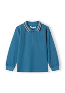 Boys long sleeve polo top in navy with contrast collar, featuring button placket and ribbed cuffs.