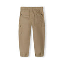 Boys' grey cargo trousers, back view, featuring elasticated waistband and multiple pockets.