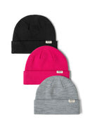 Three-pack ribbed beanie hats in black, pink, and grey with fold-up cuffs.