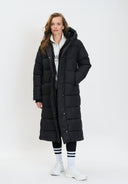 Long black padded winter coat with hood and zip pockets, front view.