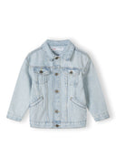 Boys light blue denim jacket, front view, features classic collar and two chest pockets.