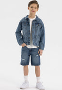 Boys denim jacket in navy, front view with button fastening and chest pockets.