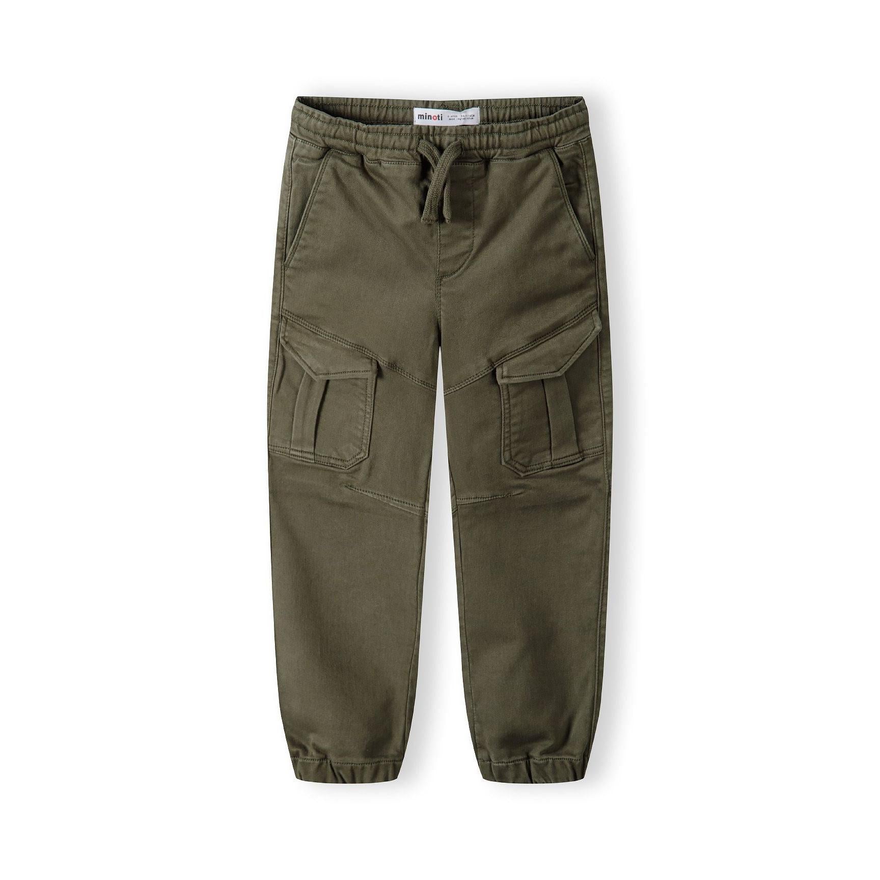 Front view of khaki knitted cargo trousers with elasticated waist, drawstring ties and large cargo pockets on white background