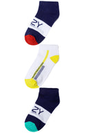 Boys trainer socks 3-pack with stripes and slogans navy 3-14y in navy, red, white, yellow, and green colors. Soft, stretchy cotton blend. Fits ages 3-14.