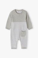 Baby romper knitted long sleeve with chest pocket grey 0-18m. Soft grey stripes, cozy design for infants with easy shoulder fastenings.