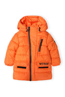 Boys padded jacket with hood and pockets orange 3-14y featuring a quilted design, durable nylon material, and practical zip pockets.