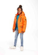 Boys padded jacket with hood and pockets orange 3-14y in durable nylon, featuring soft padding and a quilted lining for warmth.