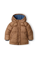 Boys padded jacket with hood brown 3m-3y, soft padded insulation, smooth brown fabric, supersoft microfleece lining.
