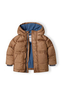 Boys padded jacket with hood brown 3m-3y, featuring soft insulated padding and a navy microfleece lining. Perfect for winter warmth.