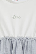 Girls dress glitter print mesh skirt cream 1-8y featuring a soft cream top with silver embroidered 'love' and layered grey mesh tutu skirt. 