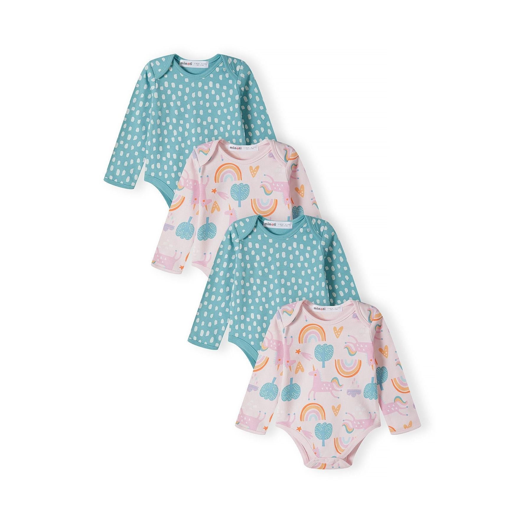 Four long sleeve bodysuits arranged on white background - two teal with white polka dots and two light pink with rainbow, unicorn and tree prints