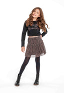 Girls sparkle pleated party skirt brown 3-14y with glitter print, tiered design, and flat waistband for comfort.