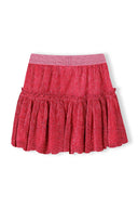 Sparkle pleated girls skirt in pink with elasticated glitter waistband for ages 3-14. Lightweight fabric, tiered design. 