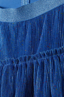Blue glitter pleated party skirt for girls 3-14y, featuring a stretchy waistband and shimmering fabric for festive occasions.