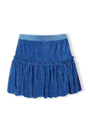 Girls pleated sparkle party skirt blue 3-14y featuring a tiered pleated design with glitter and a stretchy waistband. 