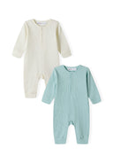 Babies long sleeve romper ribbed cream 0-18m in cream and soft green, crafted from ribbed fabric for comfort.